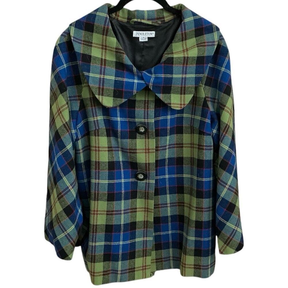 Pendleton Green Plaid 100% Virgin Wool Jacket/Blazer Modern Bell Sleeves 14 - Picture 2 of 6